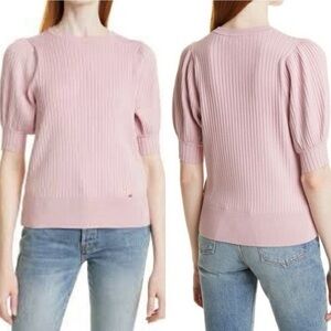 Ted Baker Ribbed Crewneck Sweater Puff Short Sleeve Dusky Pink 14
